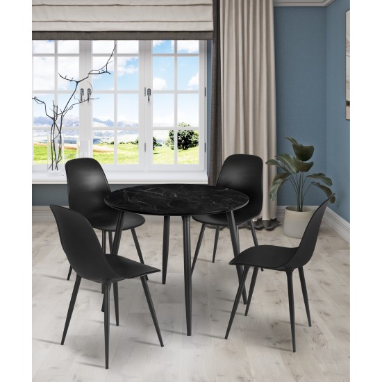 Truva Yemek Masası Takımı Q90 Cm Yuvarlak Metal Ayaklı Siyah Mermer Masa 4 Adet Abant Siyah Sandalye