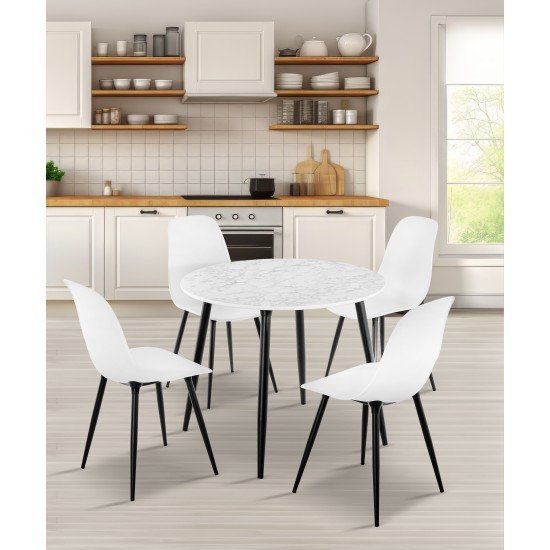 Truva Yemek Masası Takımı Q90 Cm Yuvarlak Metal Ayaklı Beyaz Mermer Masa 4 Adet Abant Beyaz Sandalye