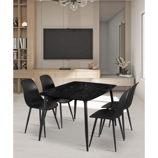 Truva Yemek Masası Takımı 90x120 Cm Metal Ayaklı Siyah Mermer Masa 4 Adet Abant Siyah Sandalye