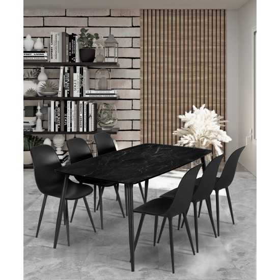 Truva Yemek Masası 90x167 Cm Metal Ayaklı Siyah Masa 6 Adet Abant Siyah Sandalye