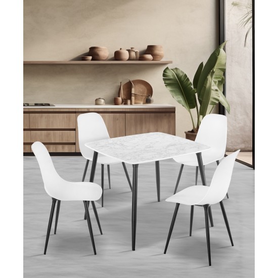 Truva Yemek Masası Takımı 90x90 Kare Metal Ayaklı Beyaz Mermer Masa 4 Adet Abant Beyaz Sandalye