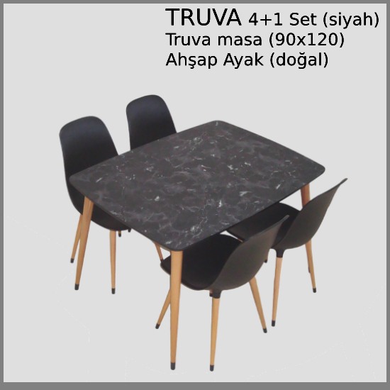 Truva Yemek Masası Takımı 90x120 Cm Doğal Ahşap Ayaklı Siyah Mermer Masa 4 Adet Abant Siyah Sandalye