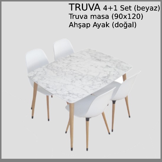 Truva Yemek Masası 90x120 Cm Doğal Ahşap Ayaklı Beyaz Masa 4 Adet Abant Beyaz Sandalye