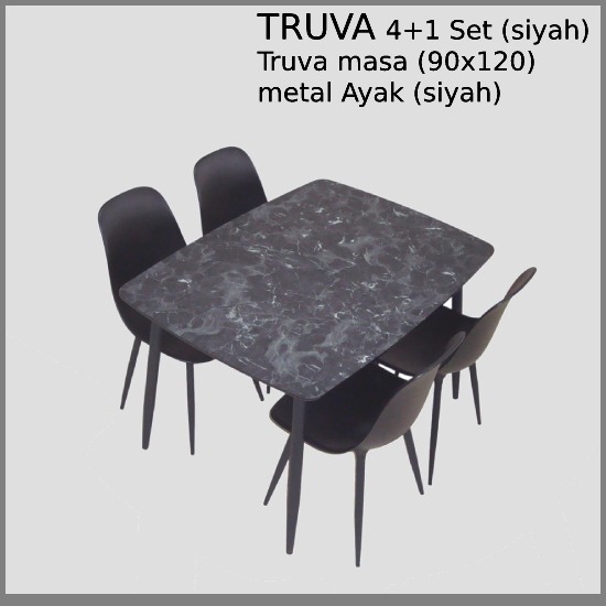 Truva Yemek Masası Takımı 90x120 Cm Metal Ayaklı Siyah Mermer Masa 4 Adet Abant Siyah Sandalye