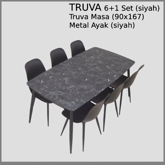 Truva Yemek Masası 90x167 Cm Metal Ayaklı Siyah Masa 6 Adet Abant Siyah Sandalye