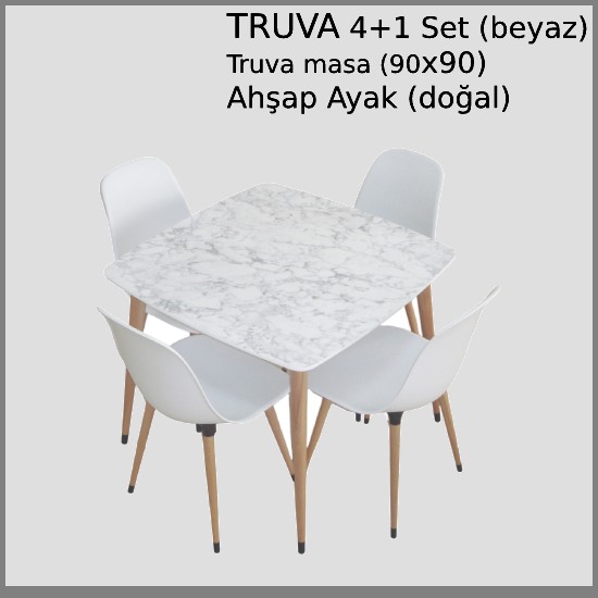 Truva Yemek Masası Takımı 90x90 Kare Doğal Ahşap Ayaklı Beyaz Mermer Masa 4 Adet Abant Beyaz Sandalye