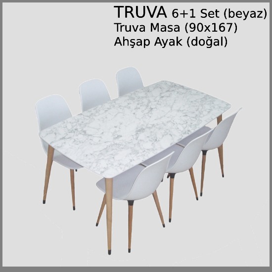 Truva Yemek Masası 90x167 Cm Doğal Ahşap Ayaklı Beyaz Masa 6 Adet Abant Beyaz Sandalye