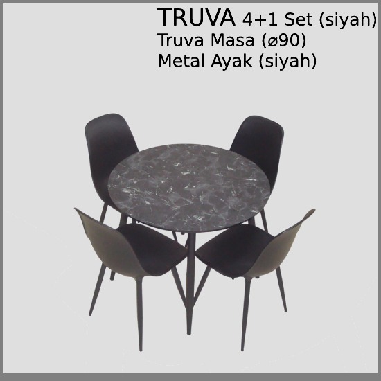 Truva Yemek Masası Takımı Q90 Cm Yuvarlak Metal Ayaklı Siyah Mermer Masa 4 Adet Abant Siyah Sandalye