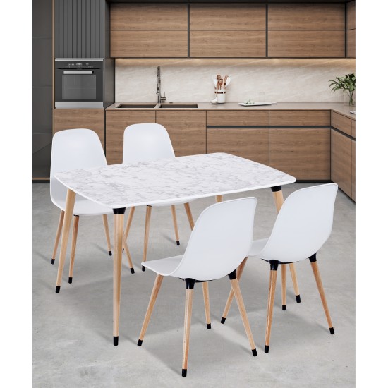 Truva Yemek Masası 90x120 Cm Ahşap Ayaklı Beyaz Masa 4 Adet Abant Beyaz Sandalye